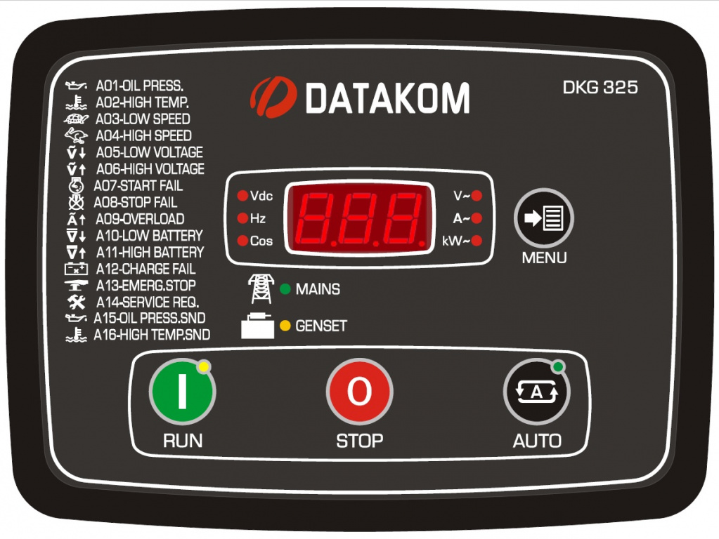 DATAKOM DKG-325 Панель управління генератором потужністю до 15KVA з вбудованим зарядним пристроєм, силовими контакторами та струмовими трансформаторами