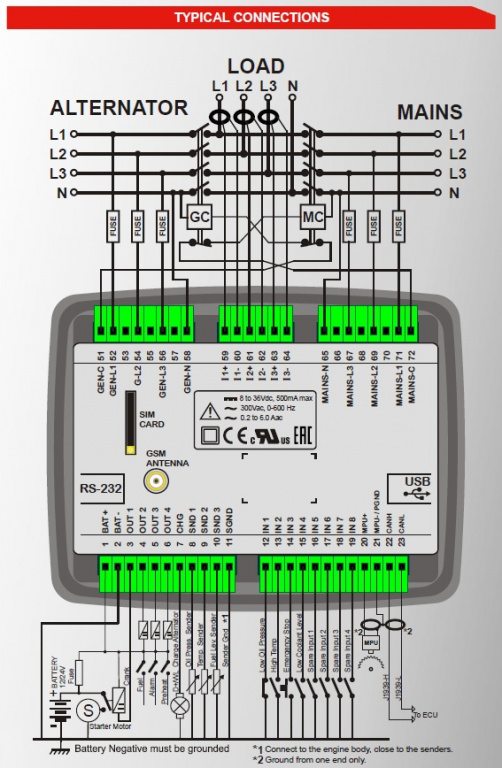 DATAKOM D-300 Багатофункціональний контролер генератора із зарядним пристроєм, MPU + J1939