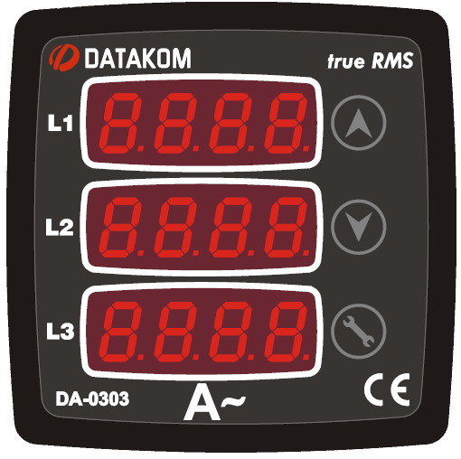 DATAKOM DA-0303 Амперметр, 75-150V живлення, 3 фази, 72x72мм, 3 дисплеї