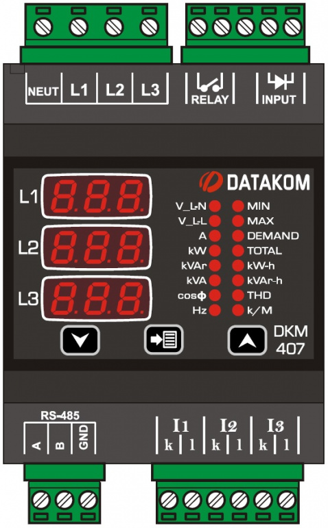 DATAKOM DKM-407 Аналізатор електричної мережі, DIN рейка, THD, RS-485, 1 дискретний вхід, 1 дискретний вихід