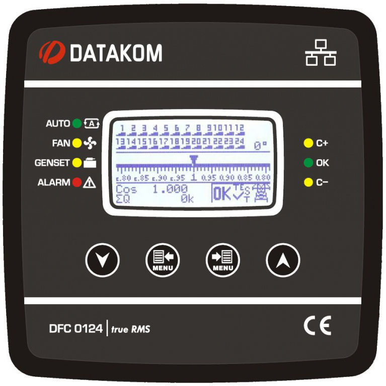 DATAKOM DFC-0124 Контролер компенсації реактивної потужності, 128x64 ч/б дисплей, 144x144mm, 24 кроки + RS485 + SVC
