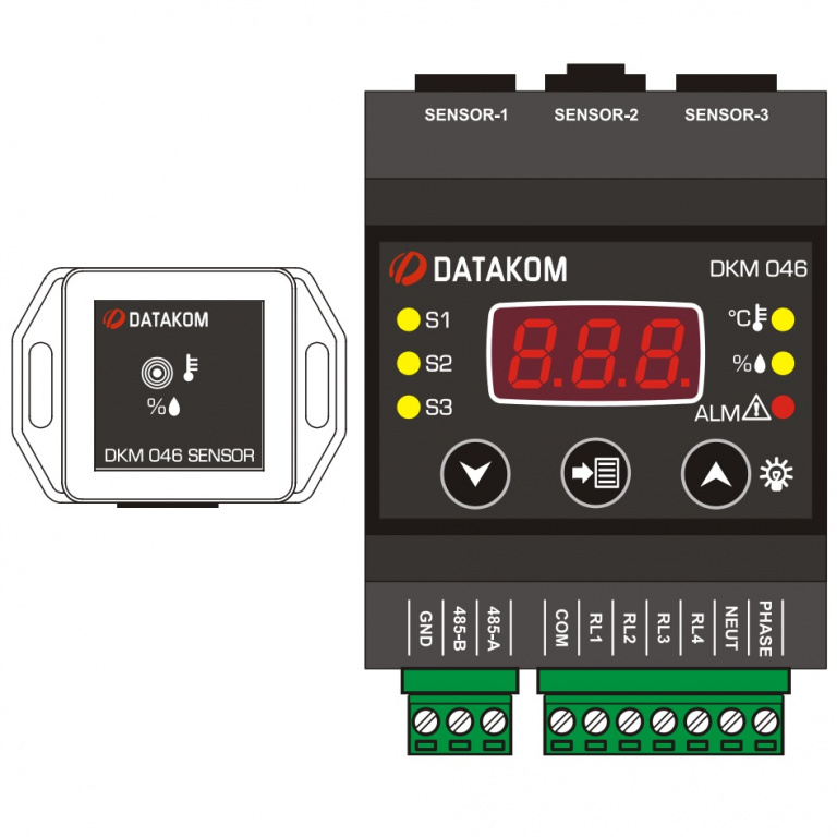 DATAKOM DKM-046 Контролер температури та вологості з дисплеєм та релейними виходами, AC джерело живлення