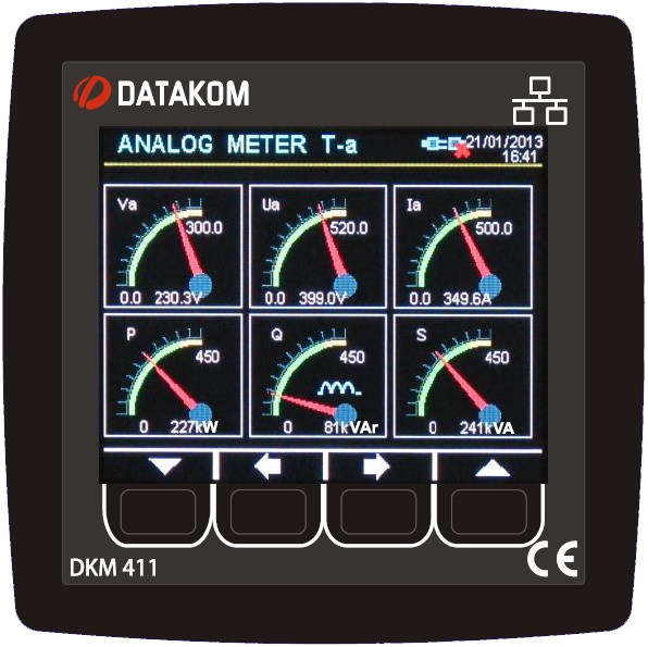 DATAKOM DKM-411, Аналізатор електричної мережі, 96x96mm, 3.5” кольоровий TFT дисплей, Ethernet, USB/Host, USB/Device, RS485, RS232, 2-дискретні входи, 2-дискретні виходи з джерелом живлення постійного струму