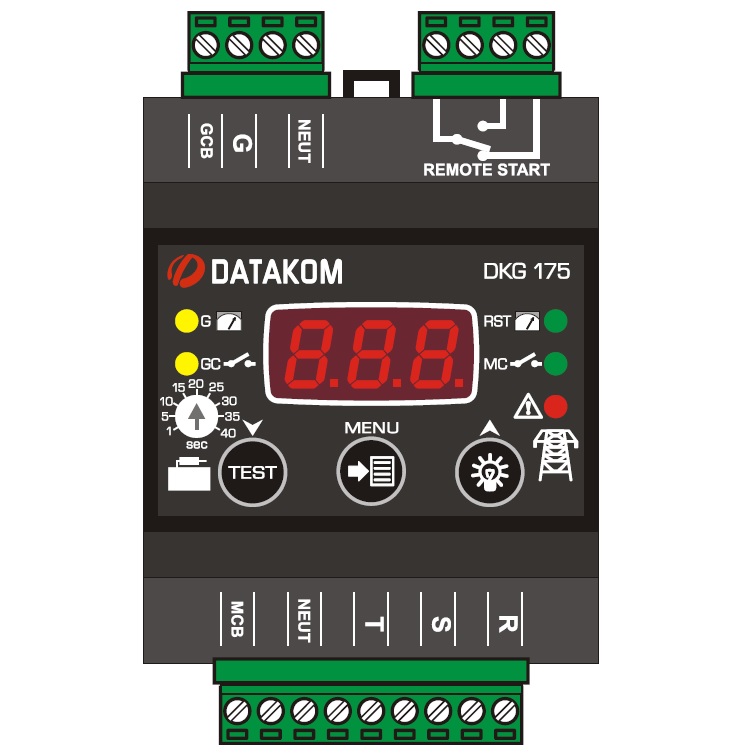 DATAKOM DKG-175 Контролер автоматичного введення резерву (АВР), 230/400 VAC, монтаж на DIN рейку. Контролери автовведення резерву. Купить онлайн в интернет-магазине ДАТАКОМ. DATAKOM DKG-175 КОНТРОЛЕР ATS, ВСТАНОВЛЕНИЙ НА DIN-рейку, БЕЗ ПИТАННЯ постійного струму Модель DATAKOM DKG-175 - це контролер ATS на DIN-рейку, який не потребує живлення постійного струму. Пристрій контролює напругу 3-фазної мережі, відправляє команду дистанційного пуску на генераторну установку та здійснює перемикання як генератора, так і мережевих контакторів. Пристрій керується мікропроцесором і пропонує гнучкість використання завдяки настроюваним параметрам. Світлодіоди на передній панелі надають інформацію про наявність електромережі та генератора, а також про розташування контакторів. Режим TEST дозволяє тестувати генератор, коли є мережа. ОСОБЛИВОСТІ: • Монтаж на DIN-рейку • Не потрібне джерело постійного струму • Керується мікропроцесором • Регульовані параметри • Виходи MCB та GCB 10A/250VAC • Вихід дистанційного запуску 10A/28VDC/250VAC • Ізольовані входи мережі та генератора • Доступний режим TEST ТЕХНІЧНІ ХАРАКТЕРИСТИКИ: Напруга генератора: 170-300 В-AC (фаза-нейтраль) Напруга мережі: 170-300 В змінного струму, що налаштовується (фаза-нейтраль) Частота мережі: 30 – 70 Гц налаштовується Таймер контактора генератора: 1 - 40 сек. налаштовується Таймер мережевого контактора: 0 - 999 секунд налаштовується Таймер очікування від мережі: 0 - 999 секунд, що налаштовується Таймер збою в мережі: 0 - 999 секунд налаштовується Таймер перезарядки: 0 - 999 секунд налаштовується Затримка дистанційного запуску: 0 - 999 секунд налаштовується Вихід мережевого контактора: 10 А при 250 В змінного струму Вихід контактора генератора: 10A при 250V-AC Вихід дистанційного запуску: 10 А при 250 В-AC/28V-DC Робоча температура: від -30°C до 70°C Температура зберігання: від -30°C до 80°C Максимальна вологість: 95% без конденсації. Розміри: 70x115x66 мм (ШxВxГ) Вага: 180 г (прибл.) Монтаж: на DIN-рейку. Матеріал корпусу: високотемпературний, негорючий ABS/ПК Захист IP: IP20 Пристрій відповідає директивам ЄС -2006/95/EC (низька напруга) -2004/108/EC (EMC) Довідкові норми: EN 61010 (вимоги безпеки) EN 61326 (вимоги EMC)