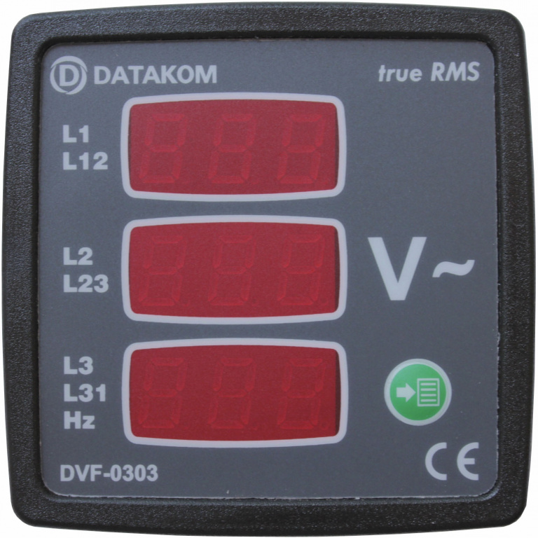 DATAKOM DVF-0303 Вольтметр-частотомір, 3 фази, 72x72mm, 3 дисплеї